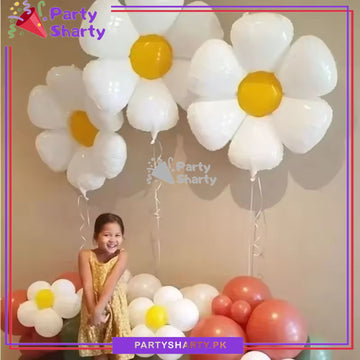 White Daisy Flower Foil Balloon For Theme Based Birthday Party Decoration And Celebration